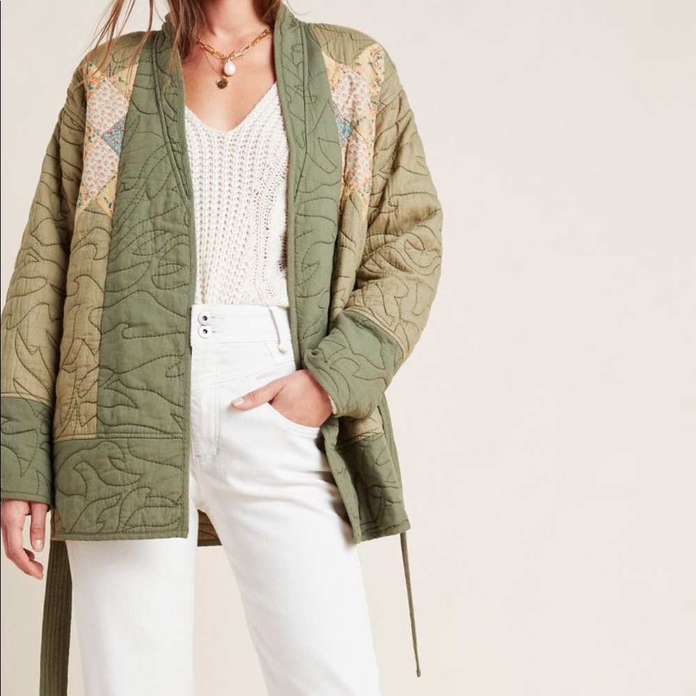 NWT Anthropologie army green quilted kimono jacket
